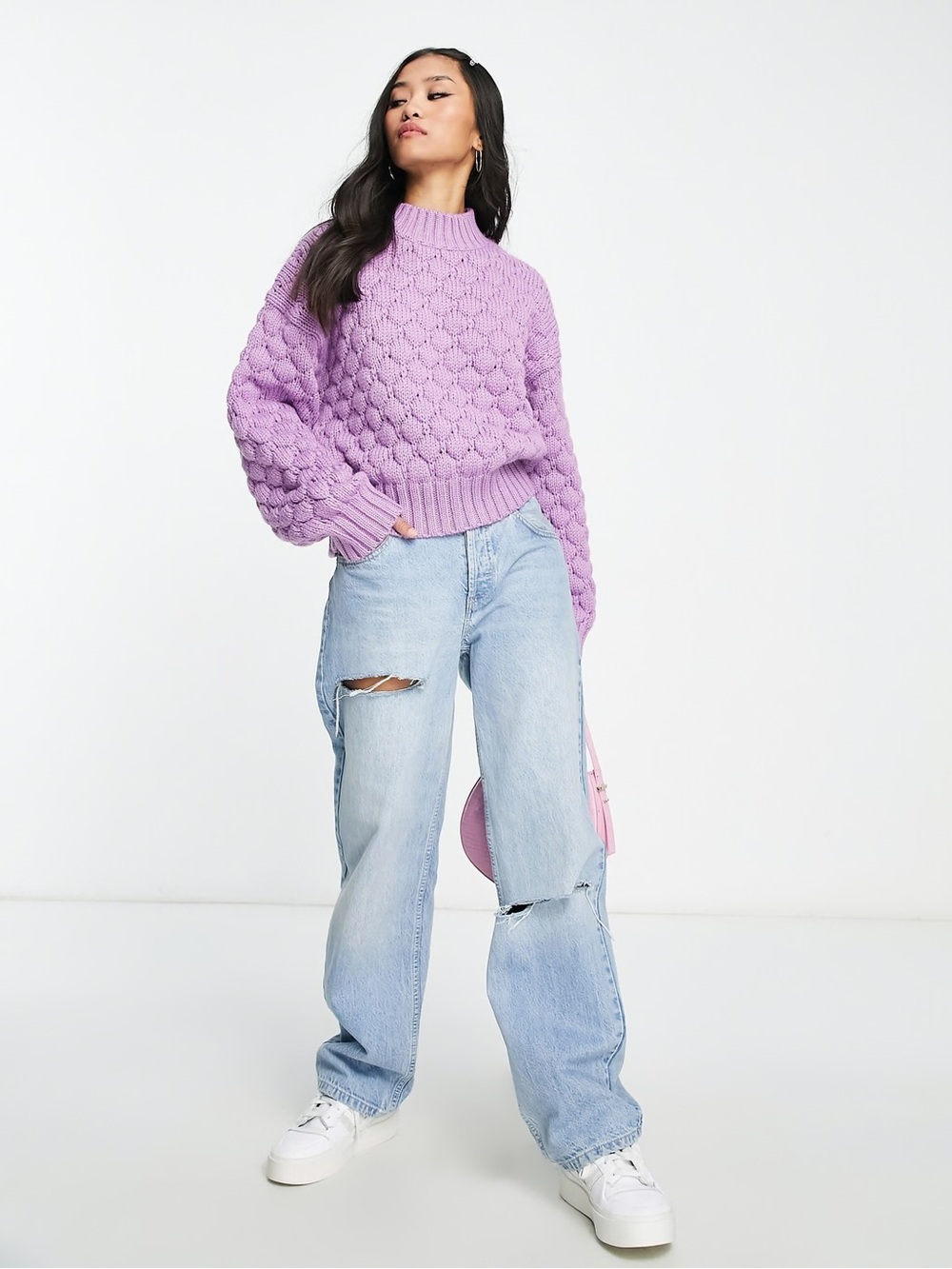 Monki Lilac Cable Bubble Knit Turtleneck Sweater